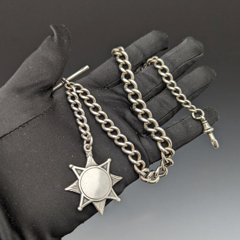 Around 1900 British Antique Pure Silver (925 Silver) Albert Chain 55g Medal Fob